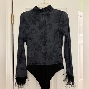 Wayf Black Floral Bodysuit with Feather Accents